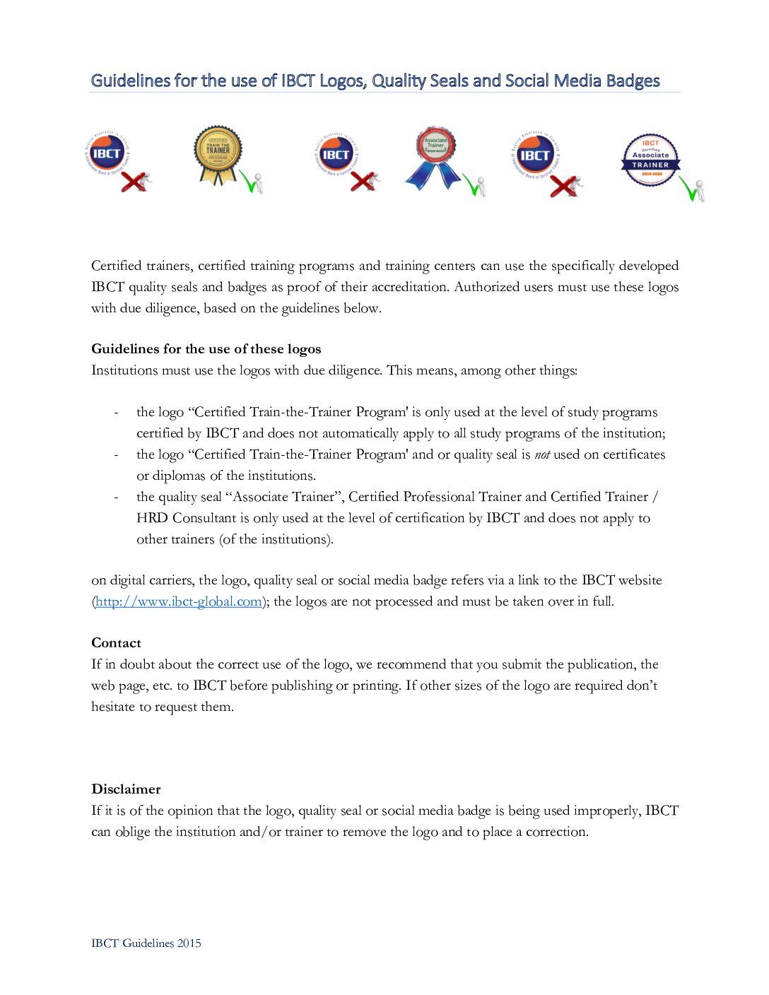 Guidelines for the use of IBCT Logos, Quality Seals and Social Media Badges